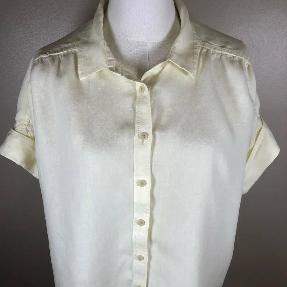 J. Crew 100% Irish Linen Light Yellow Relaxed Button-Up Short Sleeve Shirt Sz S - Picture 1 of 10